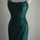 Emerald Green Spaghetti Strap Sequin Mermaid Evening Gown, Square Neck Side Ruched Fitted Long Prom Dress gh9126