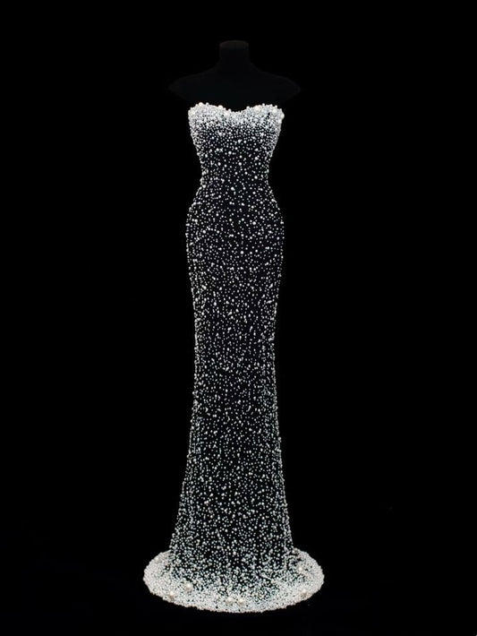 Girlhomeshops-White and black gorgeous exquisite beading shiny elegant long heart-shaped collar prom dress evening dress gh5408