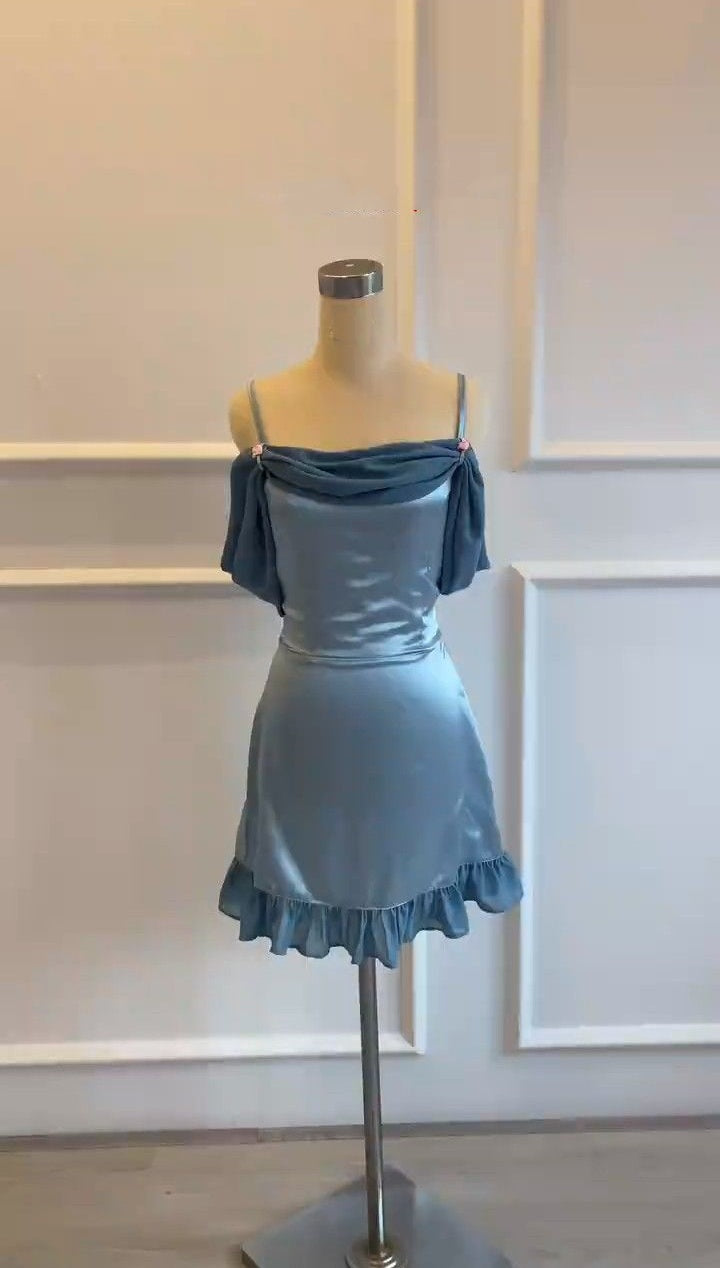 Robe de soirée courte en satin bleu brume rétro, douce et simple, gh4895