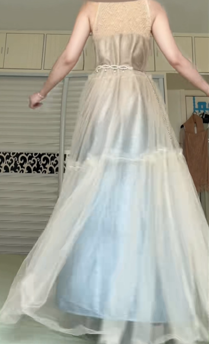 Halter Sleeveless Long Prom Gown, Champagne Tulle Formal Dress With Pearl Waistband Light Blue Glitter Lining for Party Banquet gh8952