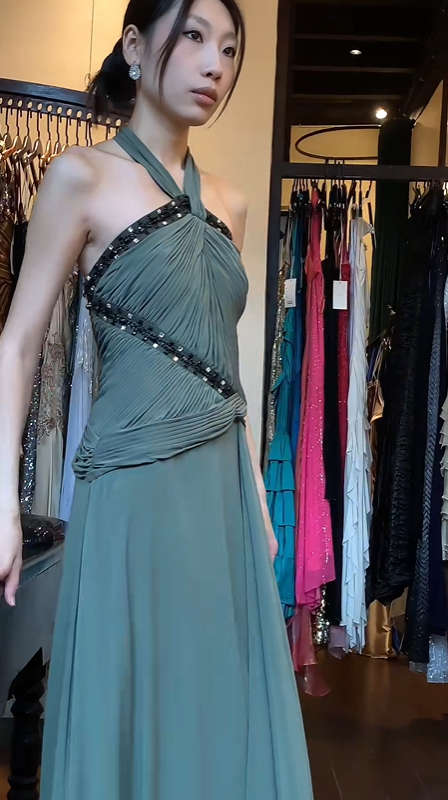 Halter Neck Dusty Green Chiffon Evening Gown Ruched Bodice Beaded Trim Long Prom Dress gh9683