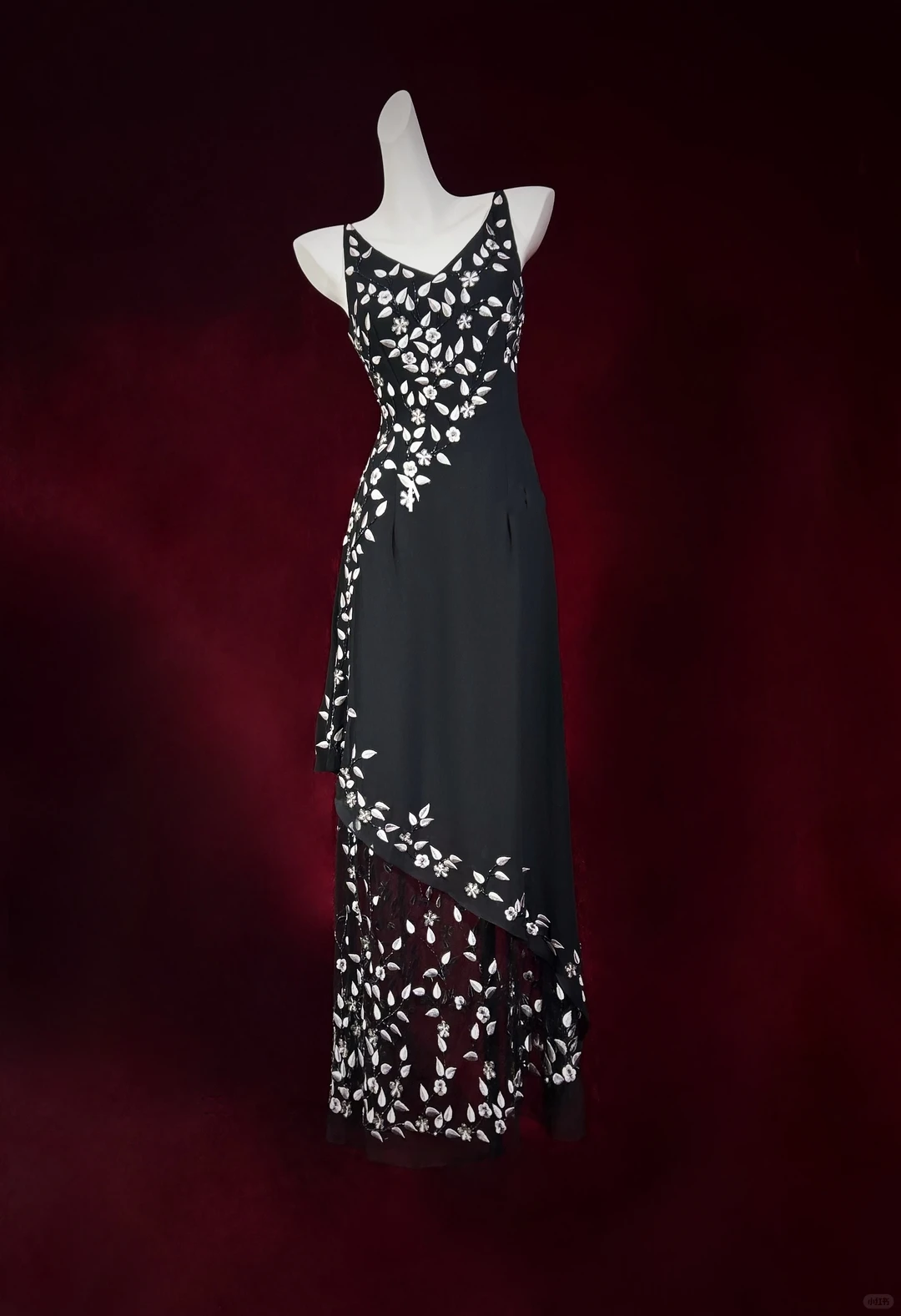 ✨Girlhomeshops-Black Spaghetti Strap Beaded Floral Gown Asymmetrical Sheer Mesh gh10142