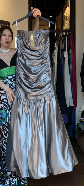 Strapless Square Neck Metallic Gray Satin Ruched A Line Long Evening Prom Dress gh9770