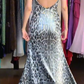 Silver Grey Leopard Print Halter Deep V Illusion Beaded Rhinestone Long Evening Prom Dress gh9783