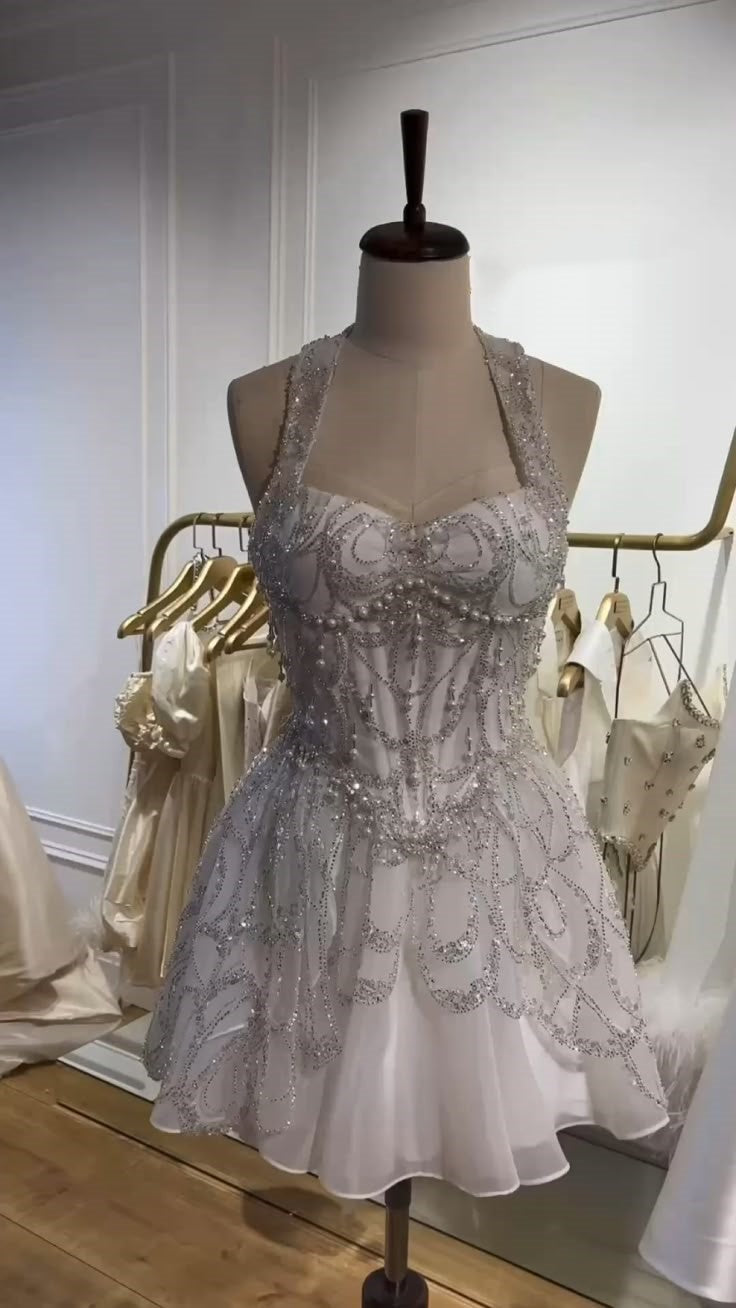 ✨Girlhomeshops🔥 Discount: 5% off orders over $100-Ivory White Beaded Sweet Short Tulle Homecoming Dress Prom Party Dress gh4979