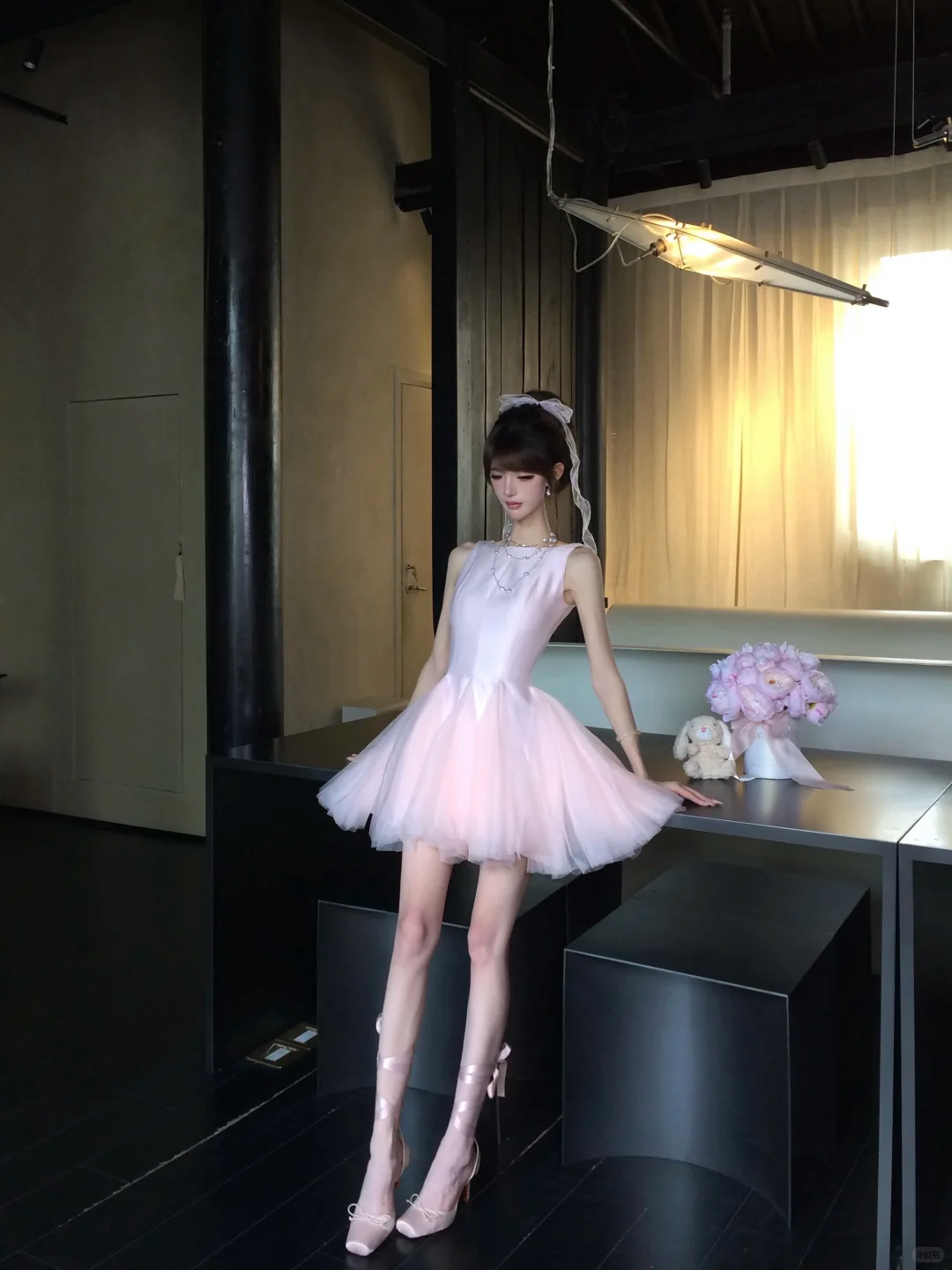 Light Pink Sleeveless Tulle Homecoming Dress Mini Prom Gown gh9412