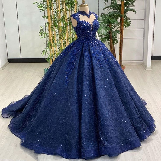 Blaues, glänzendes, mit Pailletten und Perlen verziertes, elegantes, langes Tüll-Ballkleid, Abendkleid, Abschlusskleid, Quinceañera-Kleid, gh3126