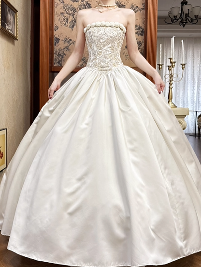 Ivory Vintage Satin Ball Gown Wedding Prom Dress, Strapless 3D Floral Trim, Beaded Embroidered Bodice, A‑Line Long Train gh8694