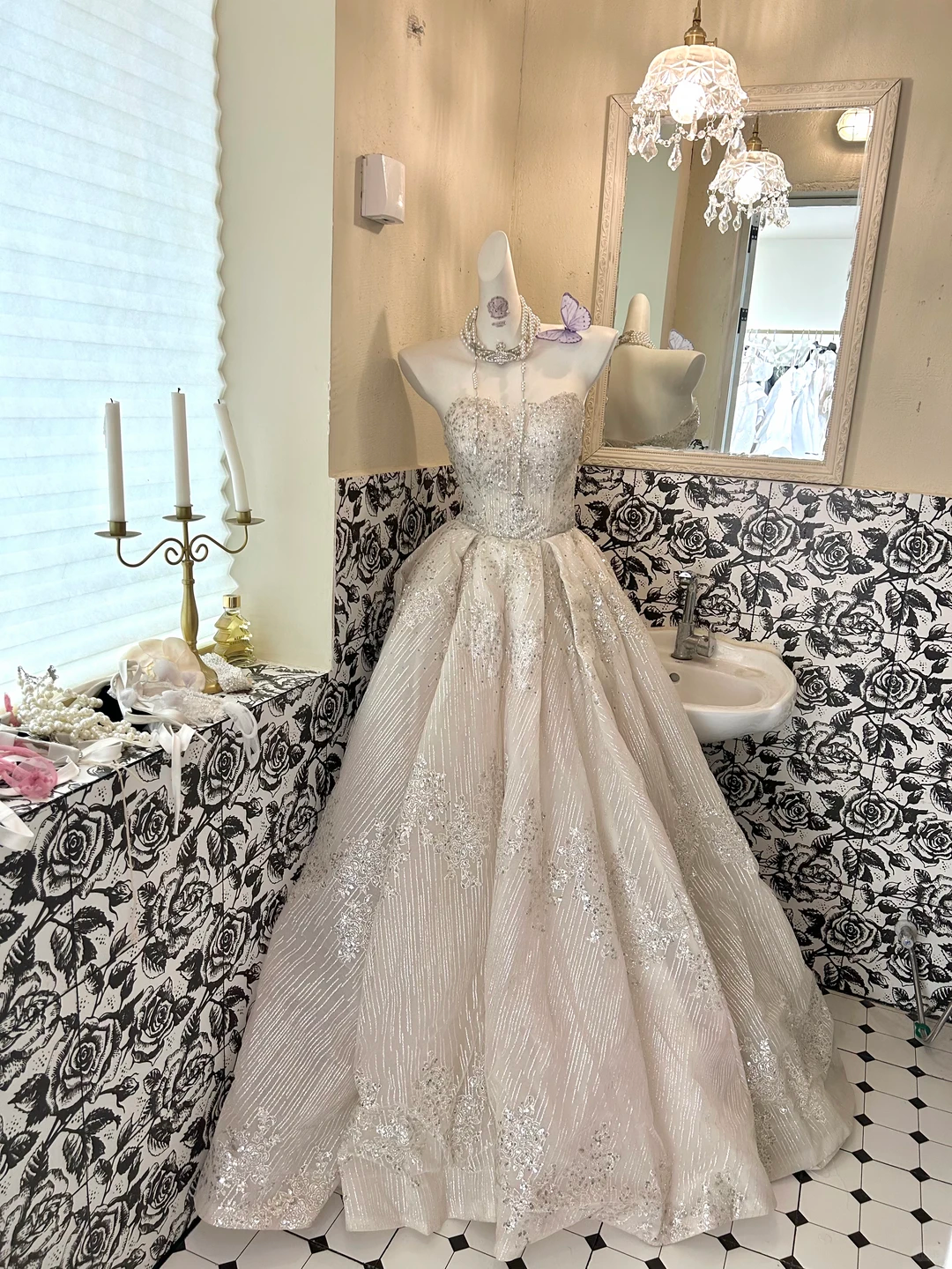 Ivory Strapless Gown with Silver Decorations, Waist-Cinched Full Flared Long Romantic Dress, Wedding Gown gh7699