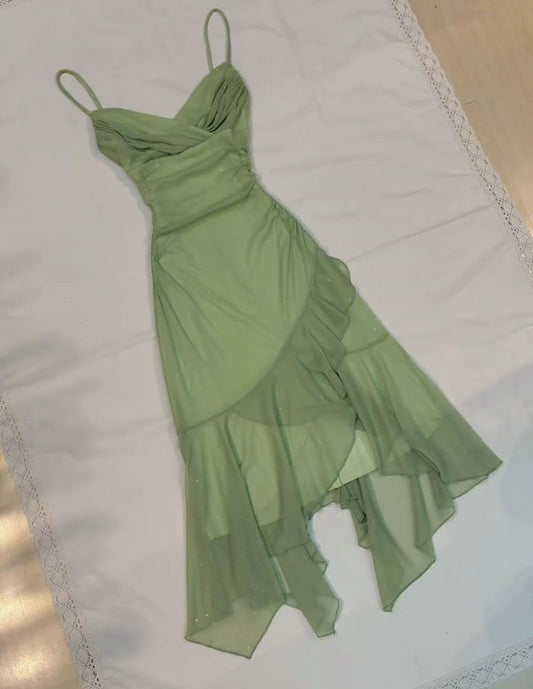 Grüne Mode Spaghetti-Trägern lange elegante Chiffon Rüschen Ballkleid Abendkleid Partykleid gh3419