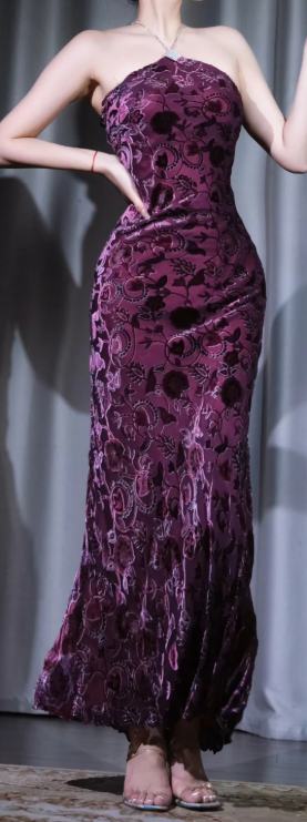 Halter Dark Purple Mermaid Evening Dress, Vintage Floral Burnout Velvet Beaded Formal Midi Gown gh9902