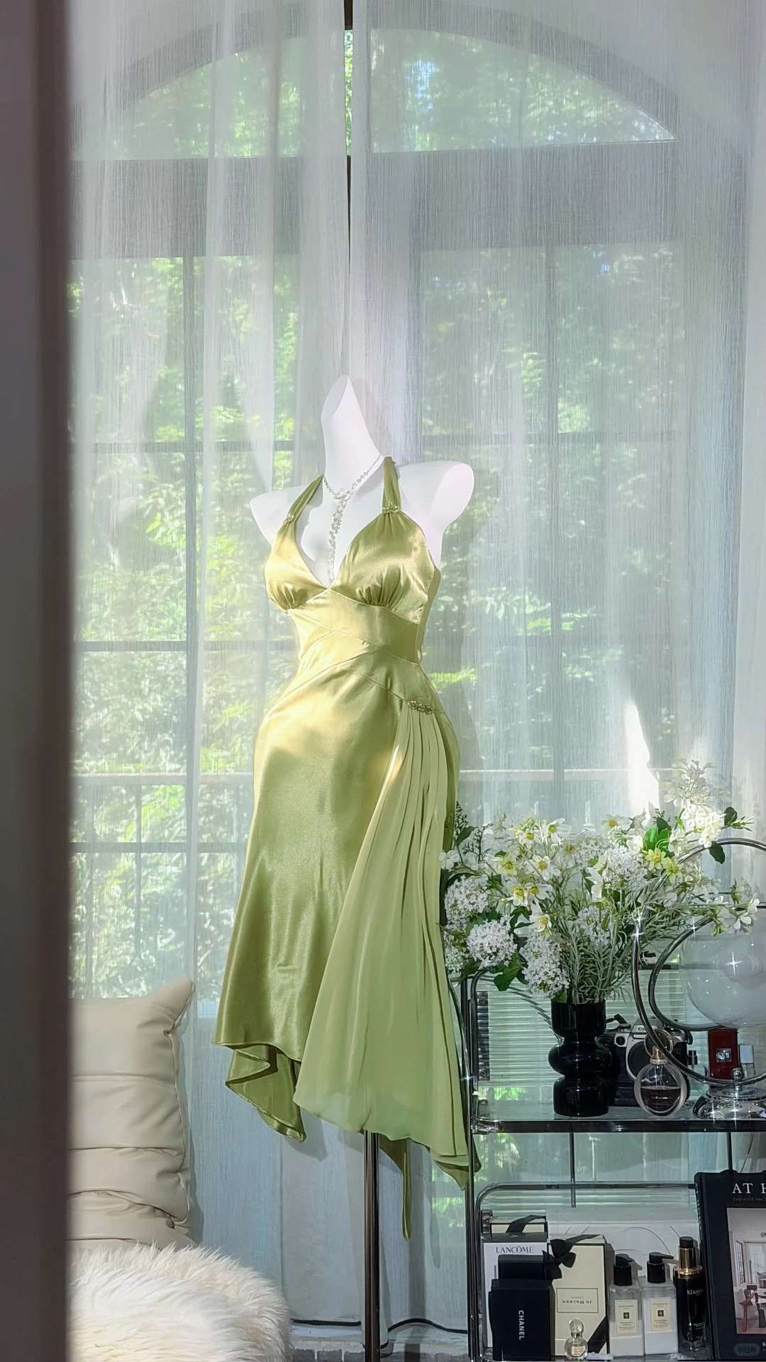 Olive Green Satin Halter Midi Prom Dress, Deep V Neck Ruched Waist Irregular Flowy Hem Evening Gown, Vintage Wedding Guest Dress with Side Sash gh9488