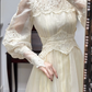 Cream Vintage Chiffon Wedding Gown, Lace High Neck, Lace‑Sheer Puff Long Sleeves, Lace Appliqué Empire Waist, Draped Pleated Flowy Full‑Length Skirt, Tiered Lace Hem, Long Lace Train, Bridal Prom Dress gh8735