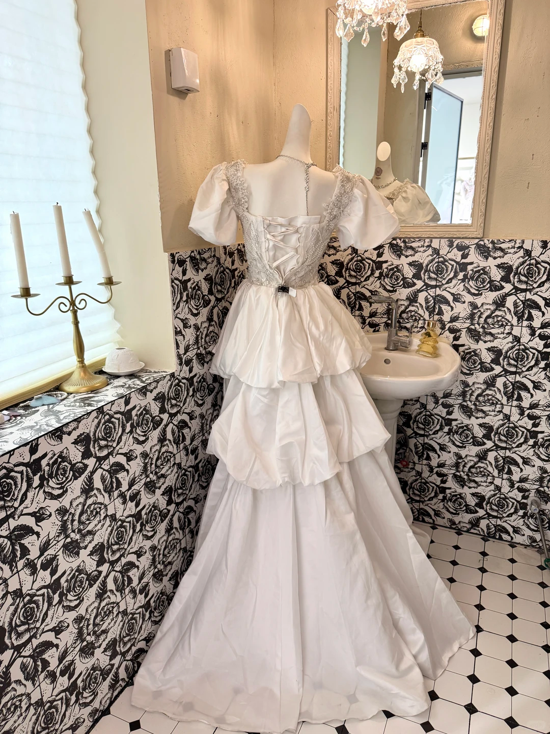 White Puff Sleeve Beaded Waist-Cinched Long Vintage Romantic Dress, Wedding Gown gh7501