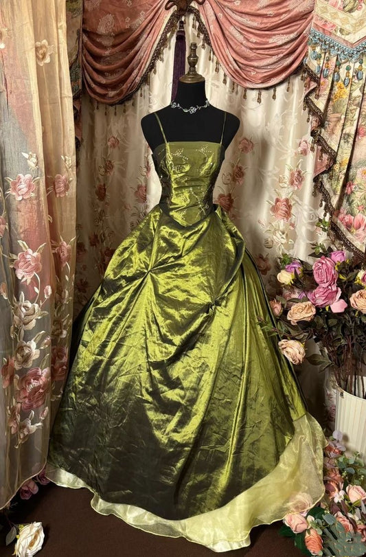 Robe de soirée longue en satin vert brillant vintage exquise perlée élégante gh3198