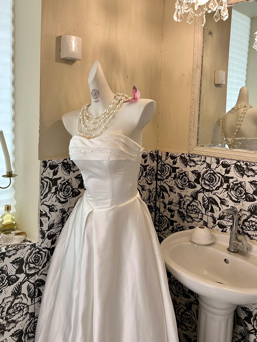 White Strapless Waist-Cinched Satin Minimalist Luxury Long Romantic Dress, Wedding Gown gh7603