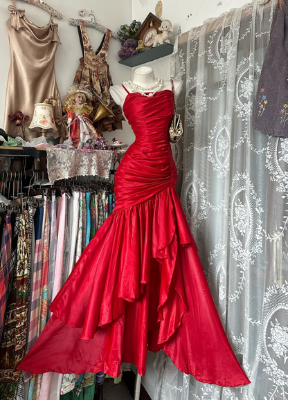 Red Spaghetti Strap Waist Slim Retro Long Ball Gown Evening Dress gh7115