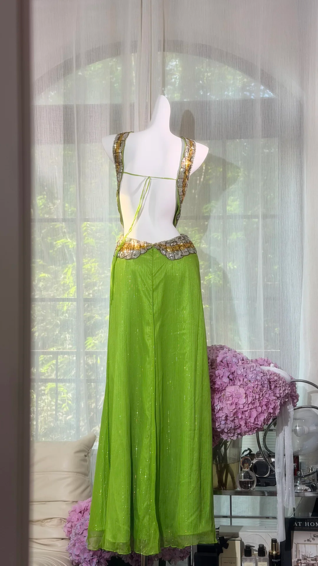 Lime Green Pleated Halter Long Prom Dress, Heavy Gold & Silver Rhinestone Cutout Waist Evening Gown, Sparkly Chiffon Formal Party Dress gh9494