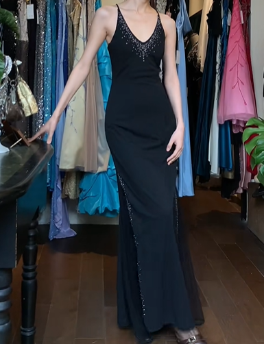 Black Vintage Prom Dress Spaghetti Straps Deep V Neck Hand Beaded Mermaid Long Evening Gown With Pockets gh9621