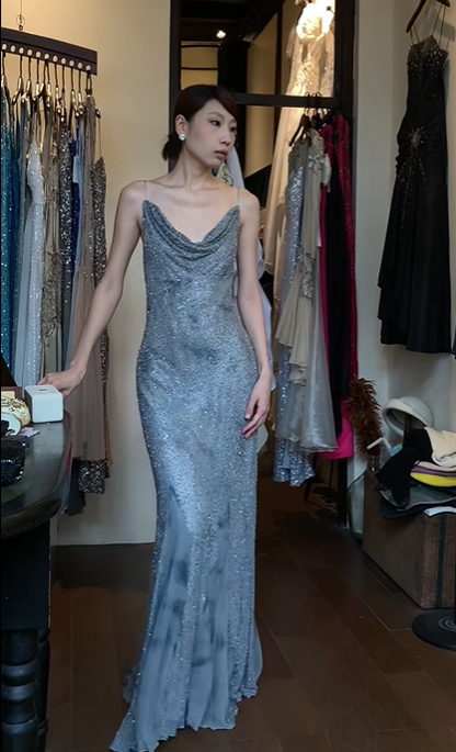 Dusty Blue Spaghetti Straps Cowl Neck Evening Gown Full Beaded Sequin Mermaid Long Prom Dress gh9717