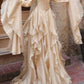 Robe cintrée à volants, manches évasées, couleur or champagne gh6405