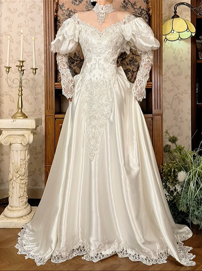 Off‑White Long Puff Sleeve Lace Palace‑Style Fitted Waist Figure‑Flattering Full Flared Skirt Long Vintage Prom Gown, Wedding Dress gh8604