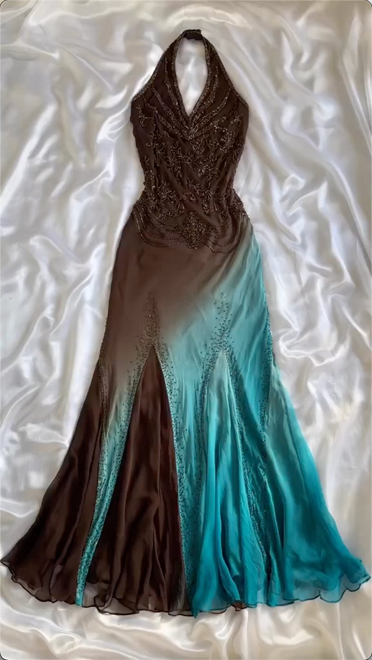 Mint Chocolate Ballkleid Braun Blau Farbverlauf Wunderschönes leichtes exquisites Perlenbesatz Spaghettiträger Langes Chiffon Abendkleid Partykleid gh3338