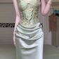 Sage Green Strapless Mermaid Evening Gown, Jacquard Corset Bodice Satin Formal Dress Draped Waist for Prom Banquet gh8949