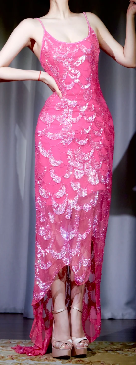 ✨Girlhomeshops-Hot Pink Scale Sequin Spaghetti Strap Irregular Mermaid Cocktail Dress gh10022