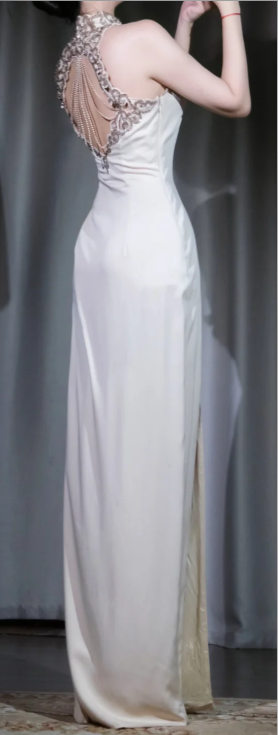 Halter High Neck White Evening Dress, Backless Rhinestone Embellished High Slit Satin Formal Gown gh9900