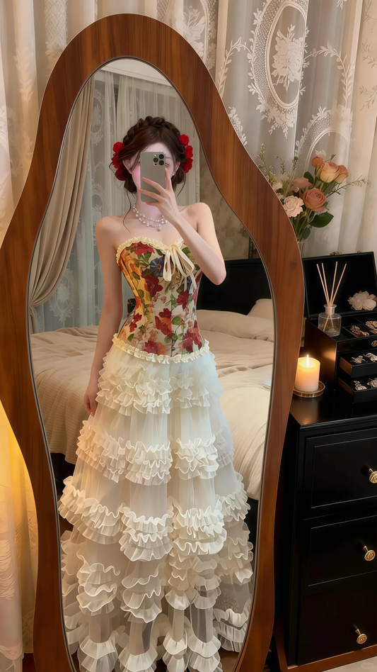 Vintage Floral Strapless Corset Evening Gown, Heart Neck Bow Detail Tiered Ruffle Tulle Cake Skirt Prom Dress gh9128