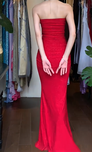 Red Vintage Prom Dress Strapless Tube Neck Ruched Bodice Sparkle Bodycon Mermaid Long Evening Gown gh9616