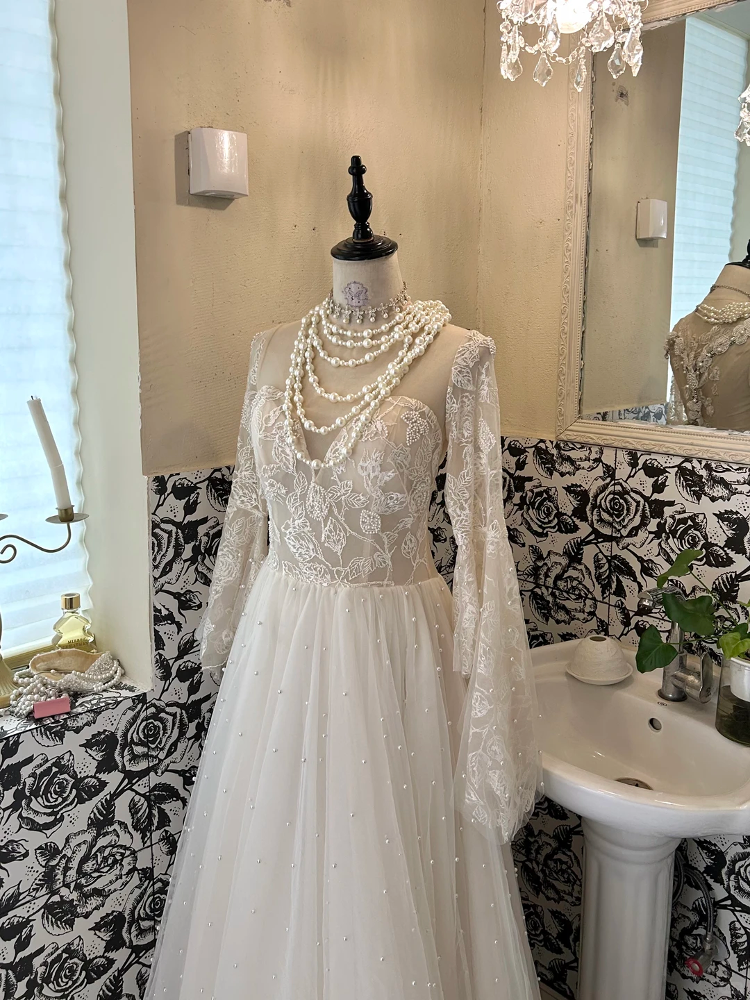 Ivory Long Sleeve Lace Waist-Cinched Full Flared Skirt Romantic Dress, Wedding Gown gh7662