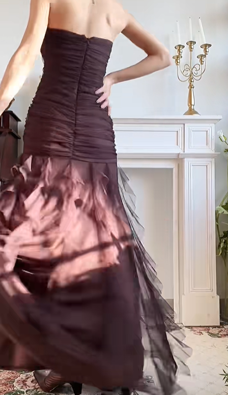 Wine‑Brown Vintage Strapless Sweetheart Prom Gown, Exquisite Rhinestone Applique On Bust, Ruched Tulle Bodice & Waist, Irregular Layered Ruffled Tulle Mermaid Floor‑Length Evening Dress gh8822