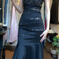 Black One Shoulder 3D Bow Sequin Ruched Mermaid Long Evening Prom Dress gh9758