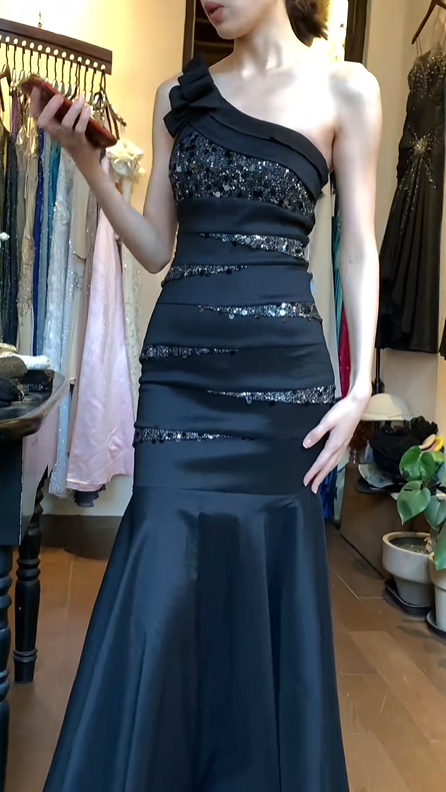 Black One Shoulder 3D Bow Sequin Ruched Mermaid Long Evening Prom Dress gh9758