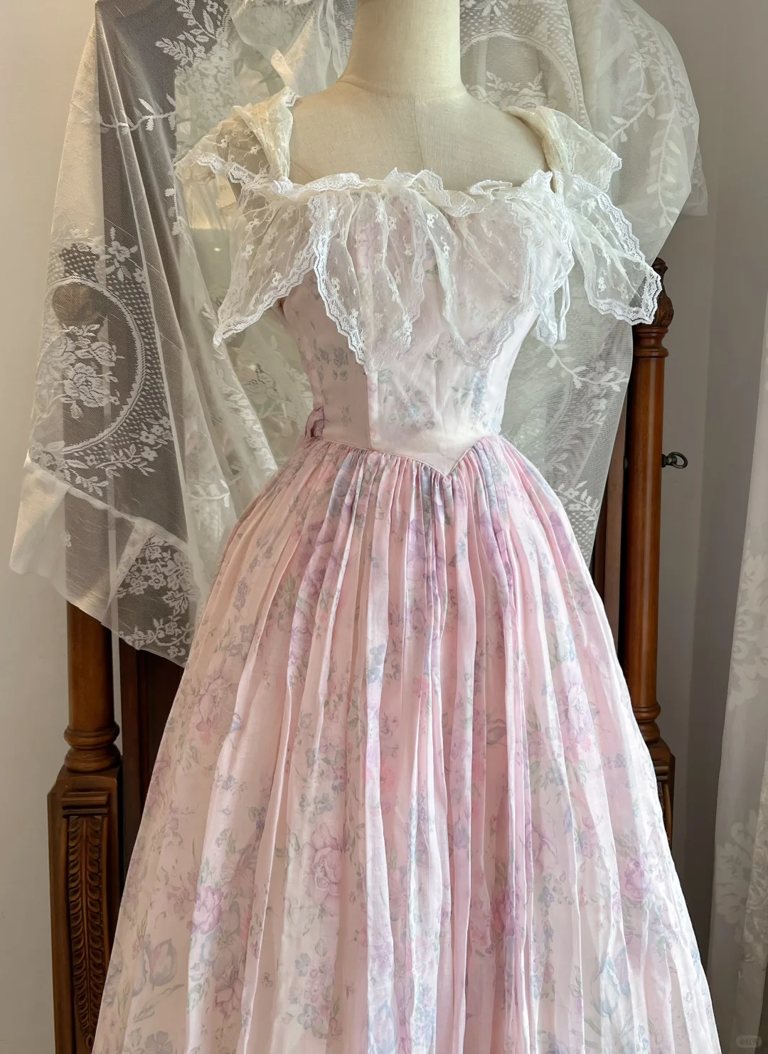 Light Pink Floral Vintage Long Gown, Off Shoulder Lace A-Line Party Dress gh9314