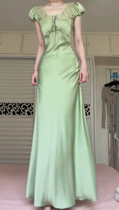 Sage Green Puff Short‑Sleeve Long Evening Gown, Lace‑Trim U‑Neck, Front Tie Detail, Satin Mermaid Floor‑Length Prom Dress gh8932