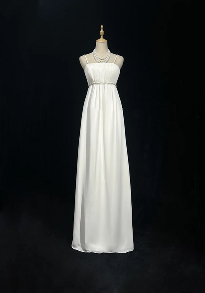 ✨Girlhomeshops-White Spaghetti Strap Chiffon Empire Waist Wedding Gown gh10154