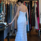 Strapless White Lace Evening Gown Sparkly Fabric Fitted Mermaid With Lace Train Long Prom Dress gh9701