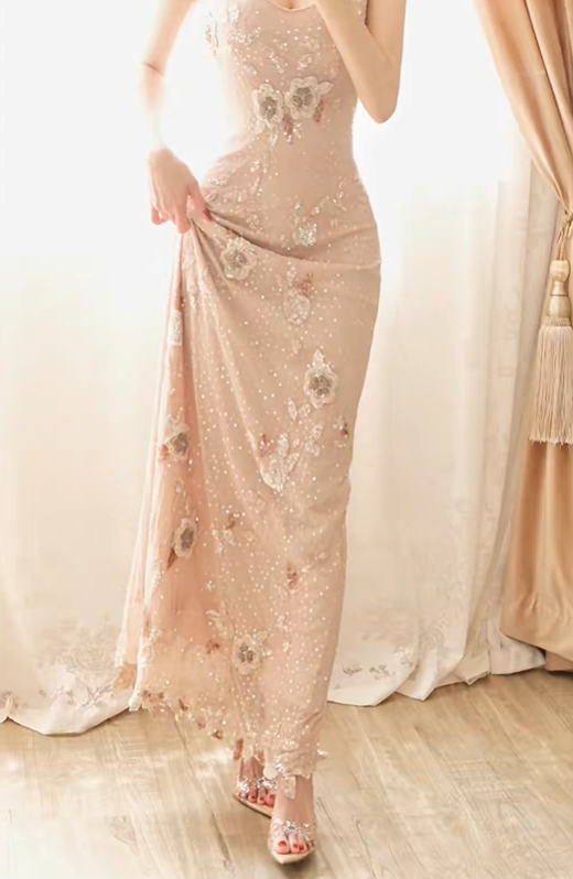 Women Nude Pink Long Formal Dress Sleeveless V-Neck 3D Flower Applique Rhinestone Sheer Tulle Mermaid Evening Gown gh9578