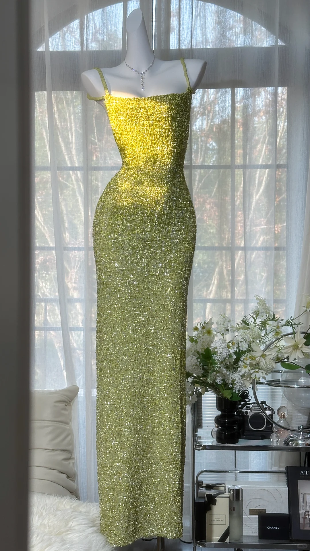 Light Grass Green Square Neck Spaghetti Strap Fully Sequin Bodycon Long Evening Dress, Prom Gown gh9533