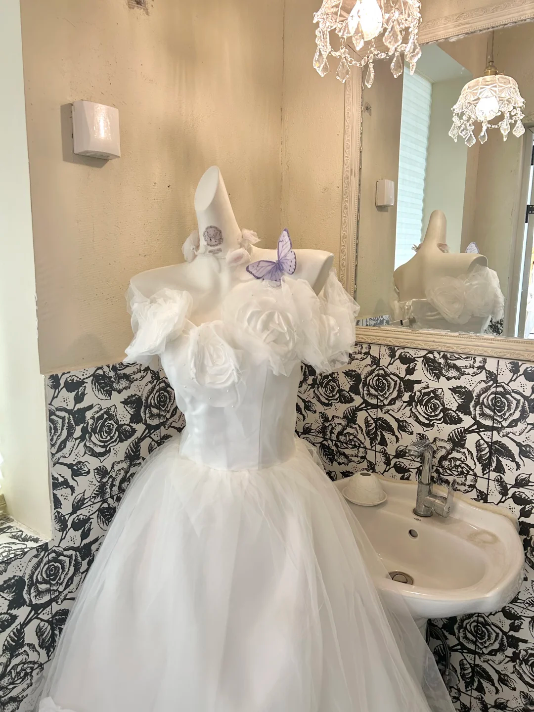White Strapless Floral Waist-Cinched Voluminous Skirt Long Romantic Dress, Wedding Gown gh7766