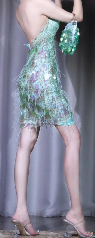 ✨Girlhomeshops-Mint Green Halter Deep V Short Party Dress Sequin Feather Fringe Cocktail Gown gh10055