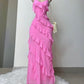 Pink Spaghetti Straps Fashion Elegant Long Chiffon Ruffle Ball Gown Evening Dress Party Dress gh3253