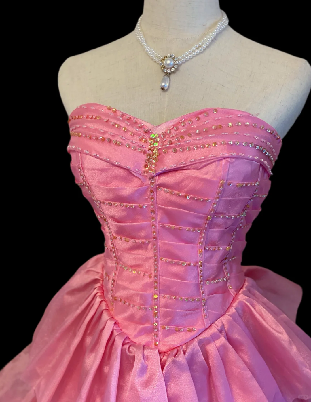 Pink Strapless Princess Ball Gown, Sweetheart Neck, Gold Stitching Beaded Corset Bodice, Multi‑Layer Ruffled Skirt With Lace Trim, Formal Prom Party Dress gh8911