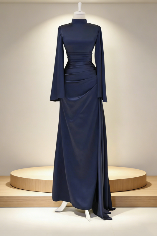 Robe longue drapée en satin mat bleu marine à manches longues - Col montant et manches larges - Style mondain - gh6969