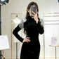 Velvet Crystal Fringe Slim Maxi Dress - High Neck Long Sleeve Party Statement Gown gh6972