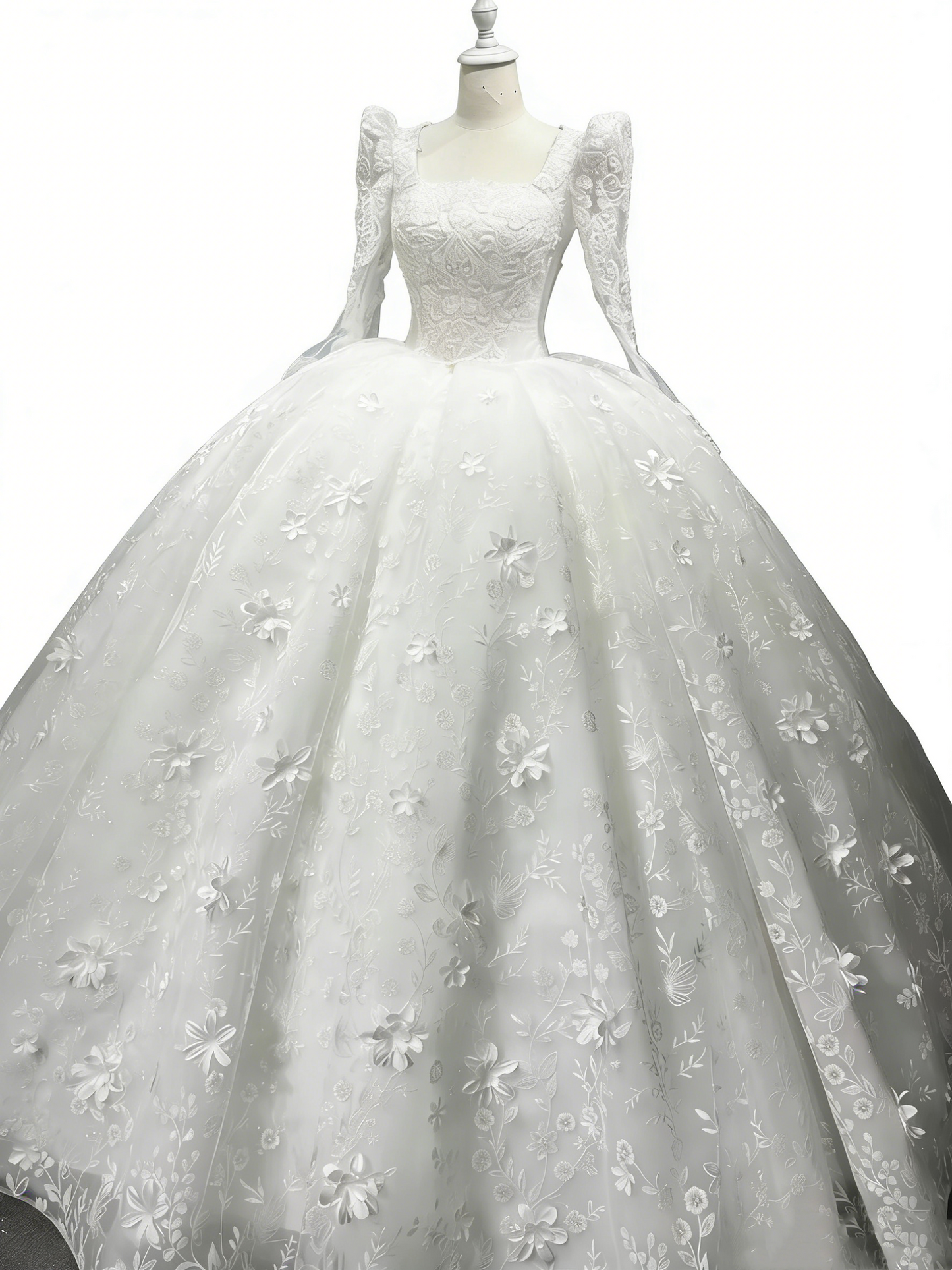 Robe de bal blanche style royal à manches bouffantes - Robe de mariée d'église en dentelle richement brodée gh6968