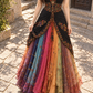 ✨Girlhomeshops-Boho V Neck Floral Embroidered Rainbow Gradient Ruffle Tulle Long Dress gh10286